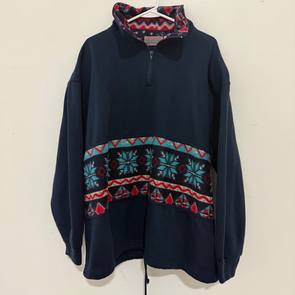 Sporting Club Plus Vintage Navy Quarter Zip Snowflake Geometric Sweatshirt 26/28